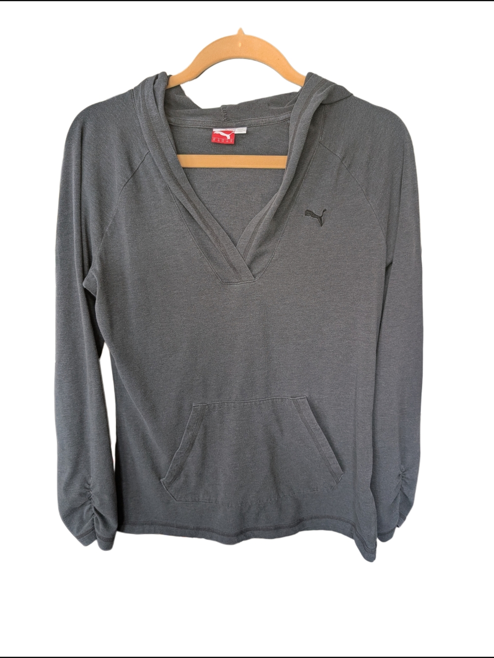 Sporty PUMA Gray Hooded V-Neck Pullover Top Women's Athletic Streetwear